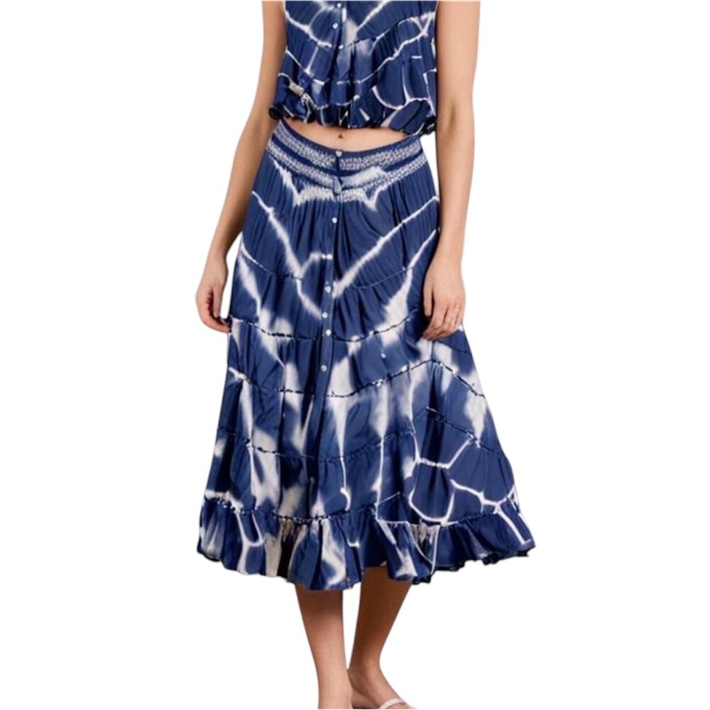 John Mark Tie Dye Smocked Waist Button Front Tiered Ruffle Maxi Skirt Spring NWT